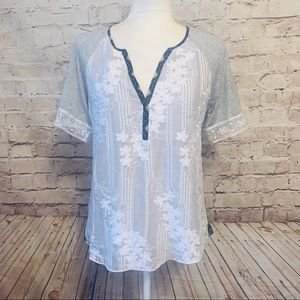 Anthropologie/ Tiny Lace & Grey Short Sleeve Blouse NWT